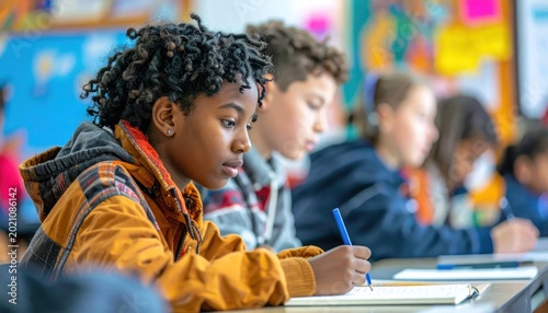 Diverse group of elementary school students focused on learning in a classroom setting.