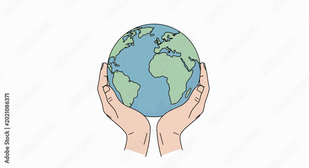 Fototapeta premium A pair of hands cradling a colorful illustration of the Earth against a clean white background with a calming and protective mood.