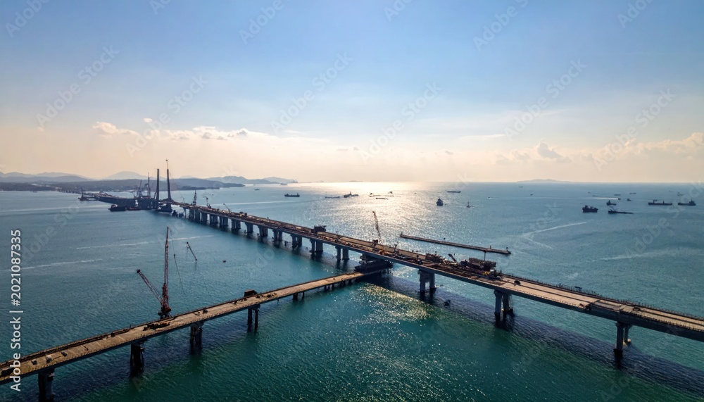 Fototapeta premium Expansive Aerial View of a Long Bridge Spanning Across a Wide Body of Water Under a Clear Sky.