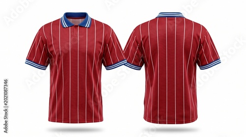 Classic striped polo shirt design, retro football jersey mockup front and back view isolated