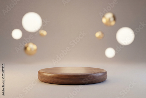 Polished wooden pedestal on soft gradient background with luminous spheres