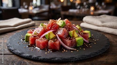 Exquisite gourmet plates of fresh raw ahi tuna poke cubes tossed with bright green avocado and purple onions sit nicely on dark slates.