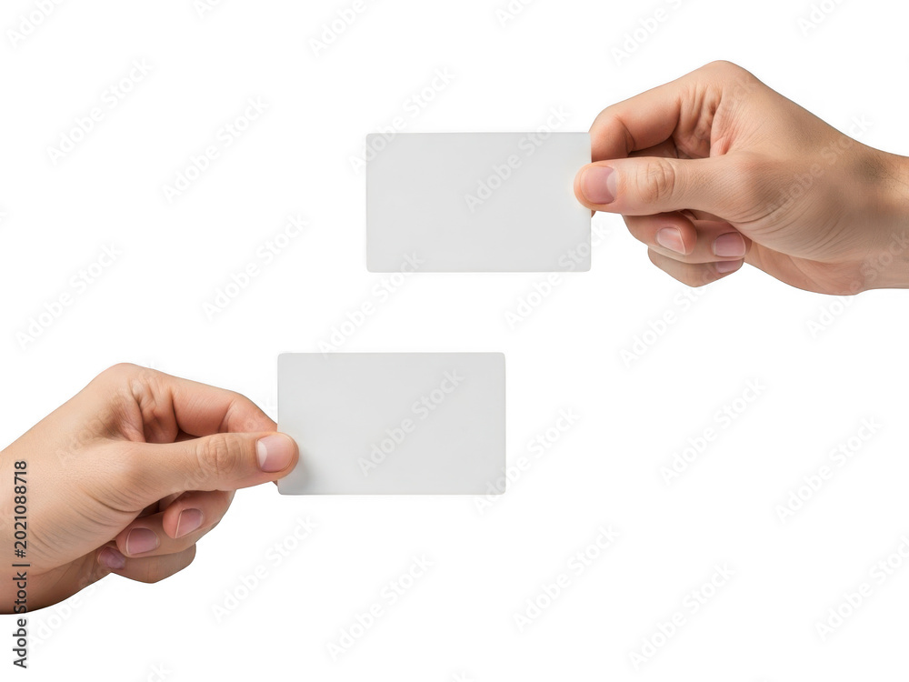 Obraz premium Two hands holding blank white business cards for professional networking isolated on transparent background