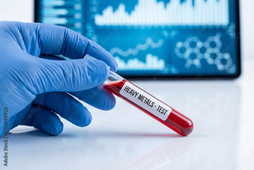 Obraz premium Gloved hand holds red blood sample for heavy metals toxin test