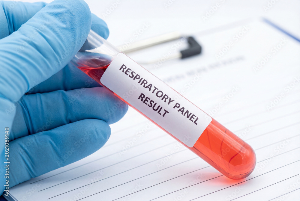Obraz premium Lab worker holding respiratory panel result test tube with red liquid