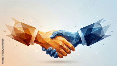 Modern Polygonal handshake of orange and blue low poly hands symbolizing partnership trust and prosperity perfect for corporate branding and finance presentation