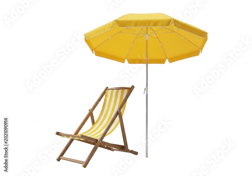 Yellow beach umbrella with wooden deck chair on sand isolated on transparent background