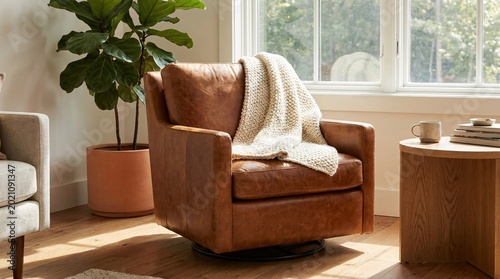 Luxurious smooth cognac brown leather swivel armchairs gorgeously drape cozy chunky-knit beige wool blankets in sun-drenched living rooms.