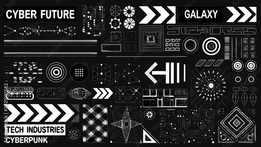 Fototapeta premium collection of abstract geometric shapes and futuristic tech elements on a black background