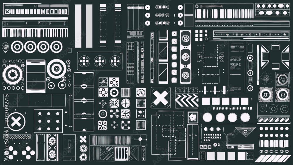 Fototapeta premium collection of technical interface elements white vector icons and symbols on dark background