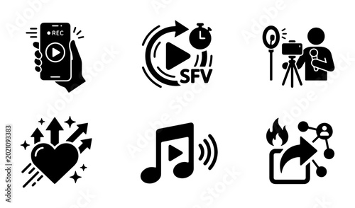 Tableau sur toile Video Production Icons Set, Mobile Streaming, Content Creation Symbols, Social M