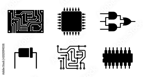 Tableau sur toile Electronic Components Vector Icons: Circuit Board, CPU, Logic Gates, Resistor, I