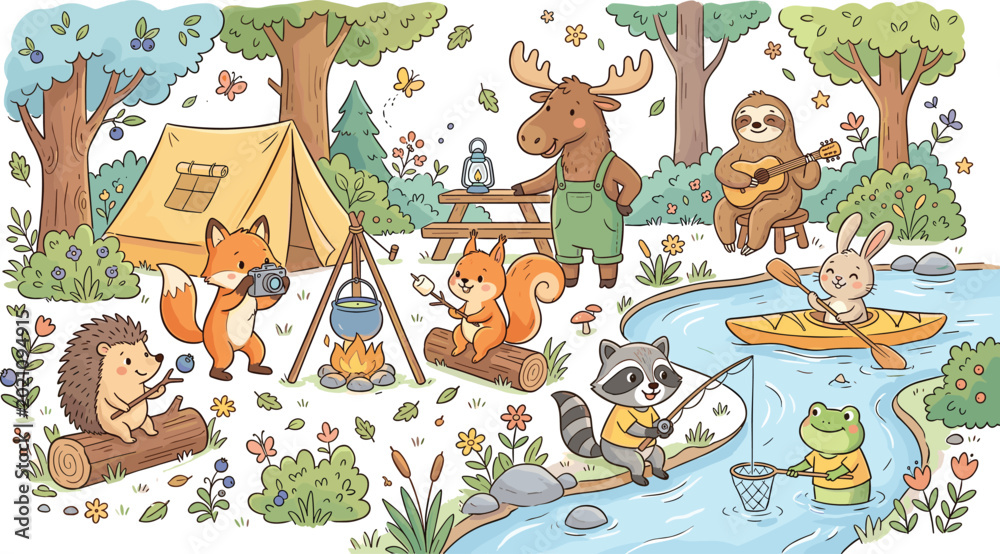 Obraz premium Cute woodland animals camping, fishing and relaxing in forest nature scene cartoon vector illustration collection