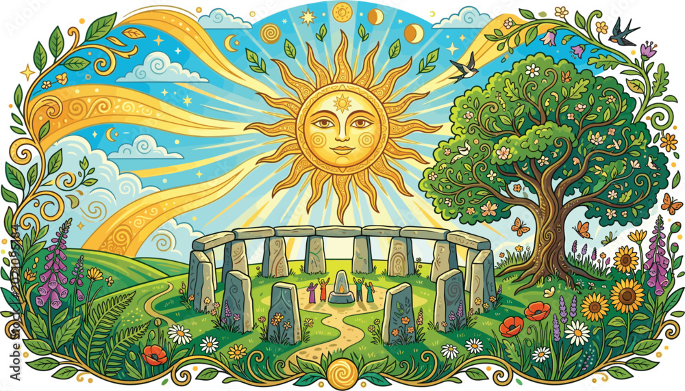 Fototapeta premium Summer solstice celebration landscape with ancient stone circle, radiant sun and mystical nature vector