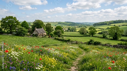 A beautiful summer landscape panorama features vibrant flowers and green trees scattered across a rolling meadow field under a cloudy blue sky with distant mountains