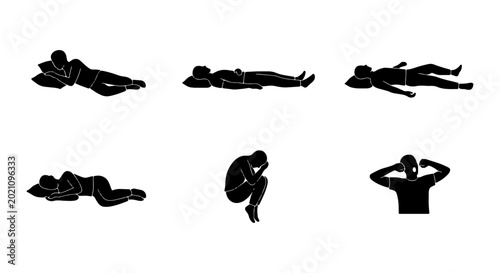 Fotografie Six Silhouette Poses of People Sleeping and Resting, Vector Icons for Sleep Posi