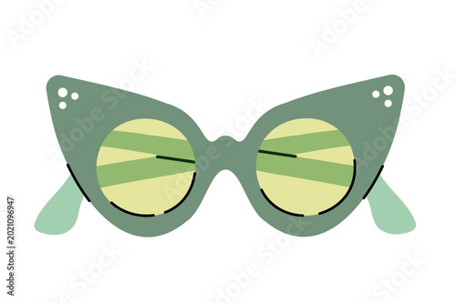 Green cat eye sunglasses with reflective lenses isolated on light background. Fashion flat vector illustration for trendy summer accessories, retro style and feminine fashion visuals.