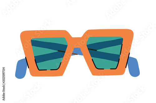 Orange geometric sunglasses with blue reflective lenses isolated on neutral background. Flat vector fashion illustration for bold summer accessories and trendy eyewear collections.