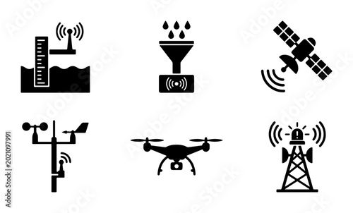 Obraz na płótnie Technology Icons: Weather Station, Drone, Satellite, Water Level Sensor, Funnel