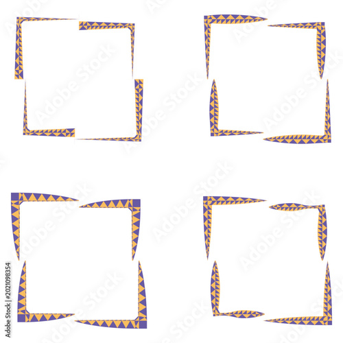 Purple yellow tribal ornament. Decorative geometric border frame. Vector square pattern