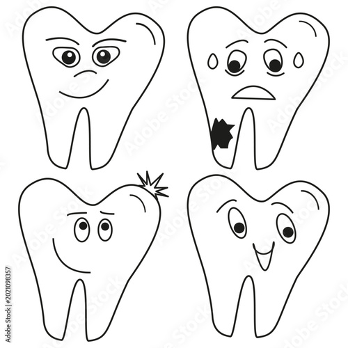 Dental faces set. Four tooth characters. Vector health icons. Medical mood collection