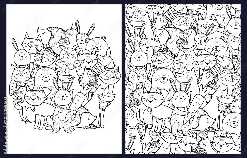 Fototapeta premium Coloring pages set with cute doodle woodland animals, circle mandala and pattern in US Letter format. Black and white forest characters background for kids. Vector illustration