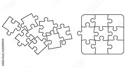 Fotografie A partially completed jigsaw puzzle with scattered and connected pieces
