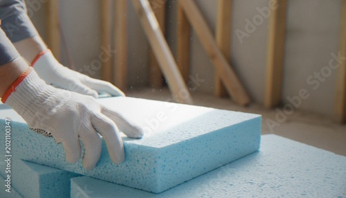 Bild auf Leinwand A construction worker in white protective gloves installs a blue polystyrene foam insulation board during building renovation