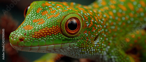A close-up of a green lizard’s head, with its finely detailed scales and expressive eye, provides a striking backdrop for content on wildlife, biology and reptiles.