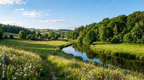 A scenic summer landscape features a green park with trees and a calm lake reflecting the blue sky and clouds