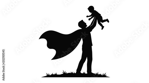Father and son silhouette with cape playful family moment