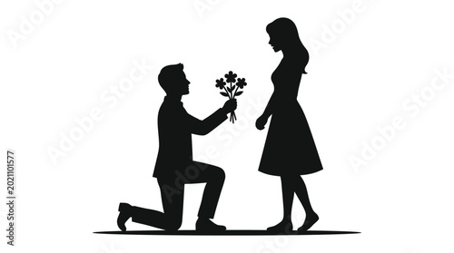 Foto Silhouette of man proposing to woman with flowers