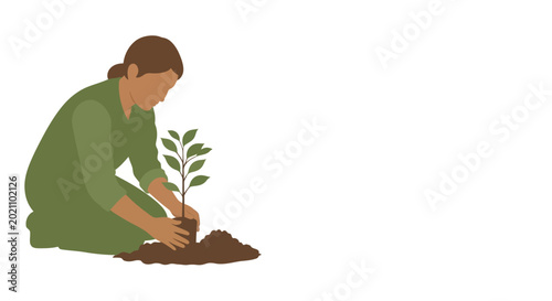 Schilderij op canvas A woman planting a small green tree seedling in soil.
