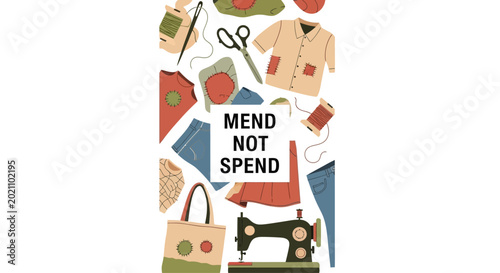 Foto Mend Not Spend concept with sewing tools and repairable clothing items