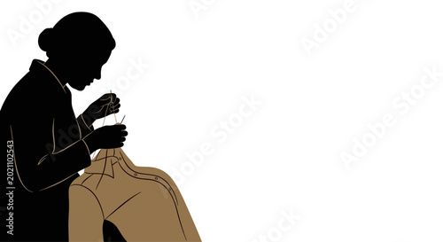 Billede på lærred Silhouette of a tailor sewing a garment with needle and thread.