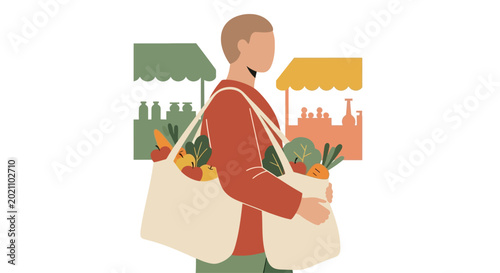 Konstfotografi A man carrying two full reusable grocery bags filled with fresh produce