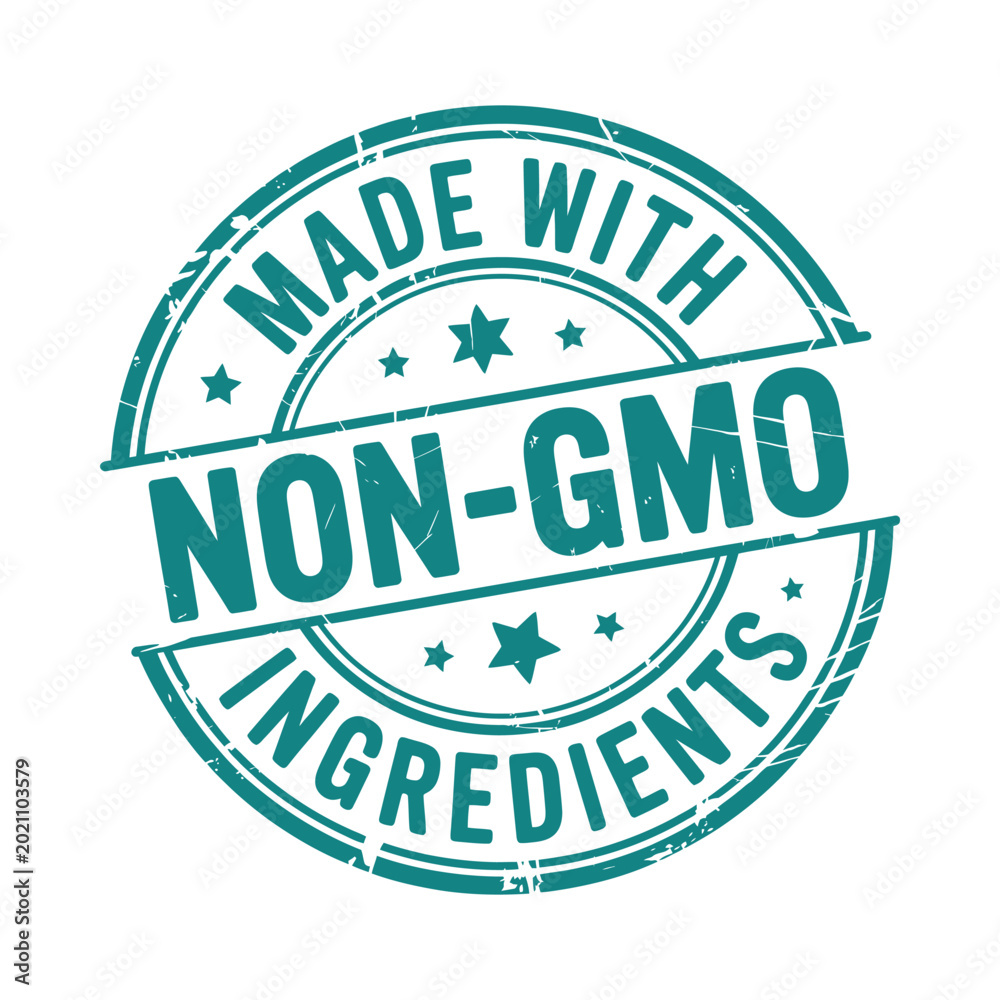 Obraz premium Non gmo ingredients label circular stamp with teal text on white