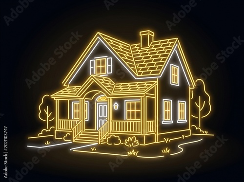 Golden Neon House – Glowing Porch Home with Trees and Pathway on Dark