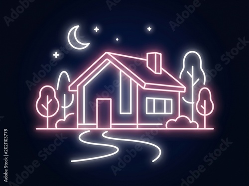 Neon Pink House – Moonlit Night Scene with Winding Path and Stars