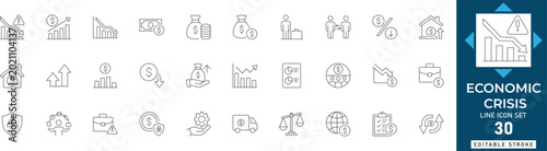 Konstfotografi Economic crisis line icon set featuring recession, inflation, finance, bankruptcy, crash, depression, market