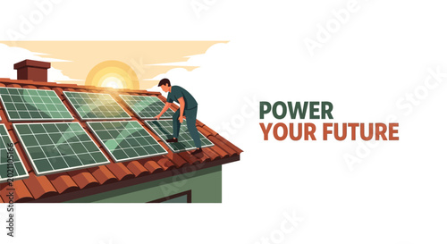 Foto A technician installing solar panels on a residential rooftop during sunset