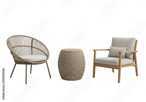 Modern woven wicker outdoor furniture set with cushions isolated on transparent background