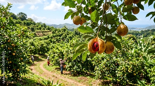 A beautiful apple orchard showcases vibrant red and orange ripe fruit hanging from tree branches amidst green grass under a clear sky, capturing a lush nature landscape from spring flower to autumn ha