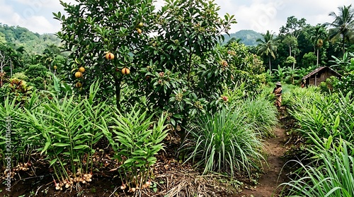 A lush green palm tree stands in a sunny tropical garden surrounded by vibrant summer plants, green leaves, and beautiful flora under a clear sky