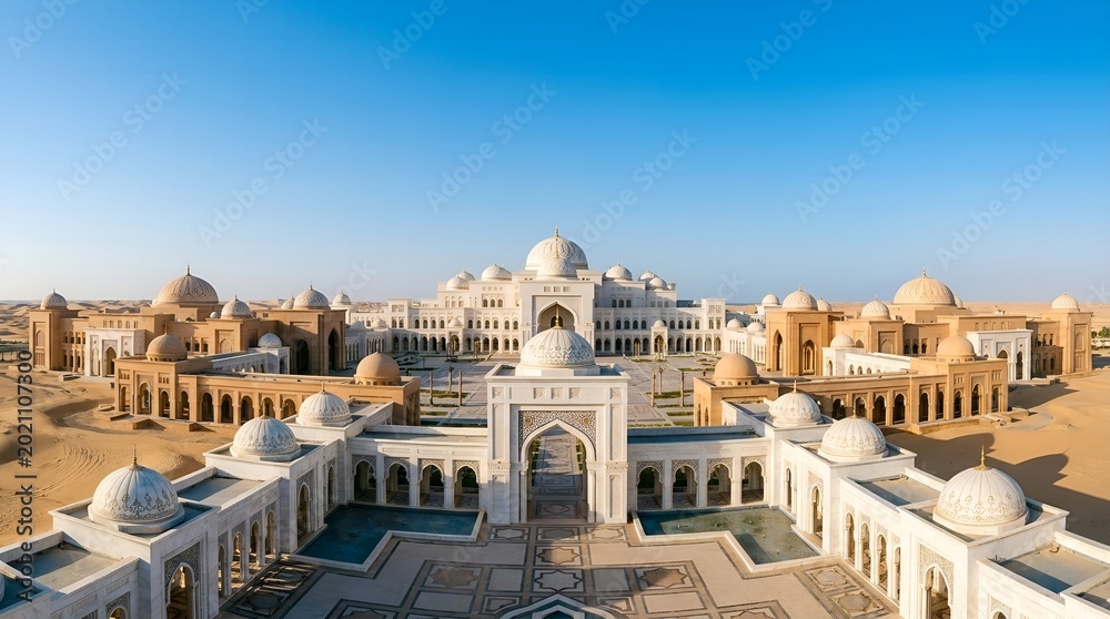 Fototapeta premium Panoramic View of Empty Desert Palace Complex in Gulf Region under Blue Sky
