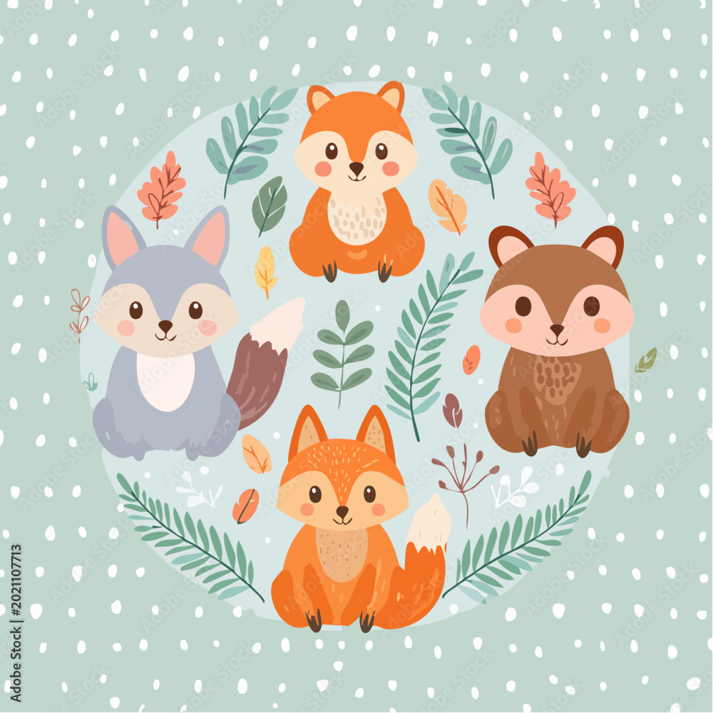 Fototapeta premium Niedliche Waldtiere Set im Cartoonstil für Kinderdesigns