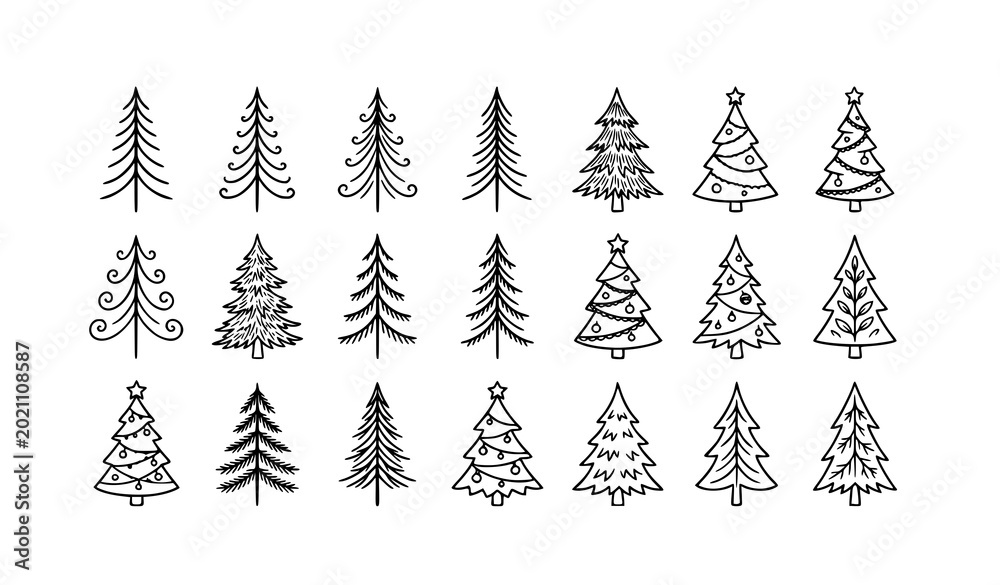 Obraz premium Hand drawn pine and fir tree icon collection black and white vector