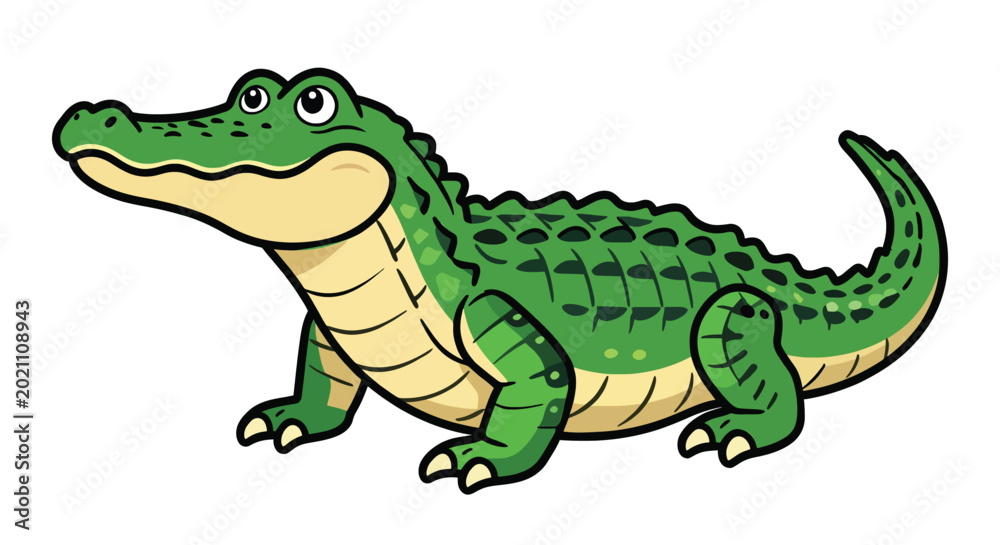 Obraz premium Cute cartoon alligator character crawling happily on green surface