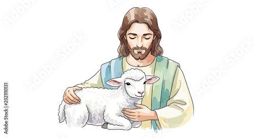 Schilderij op canvas Jesus Christ Holding a Gentle Lamb, Symbol of Faith and Compassion