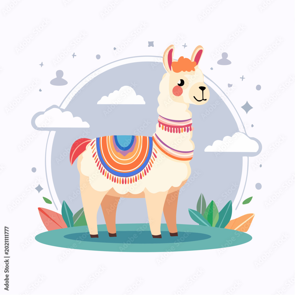 Fototapeta premium Cute Cartoon Llama Wearing a Colorful Blanket